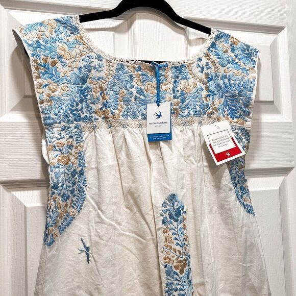 NWT! Mi Golondrina Mexico Blue White Gold Embroidered Flores Blouse Size Small - Picture 2 of 5